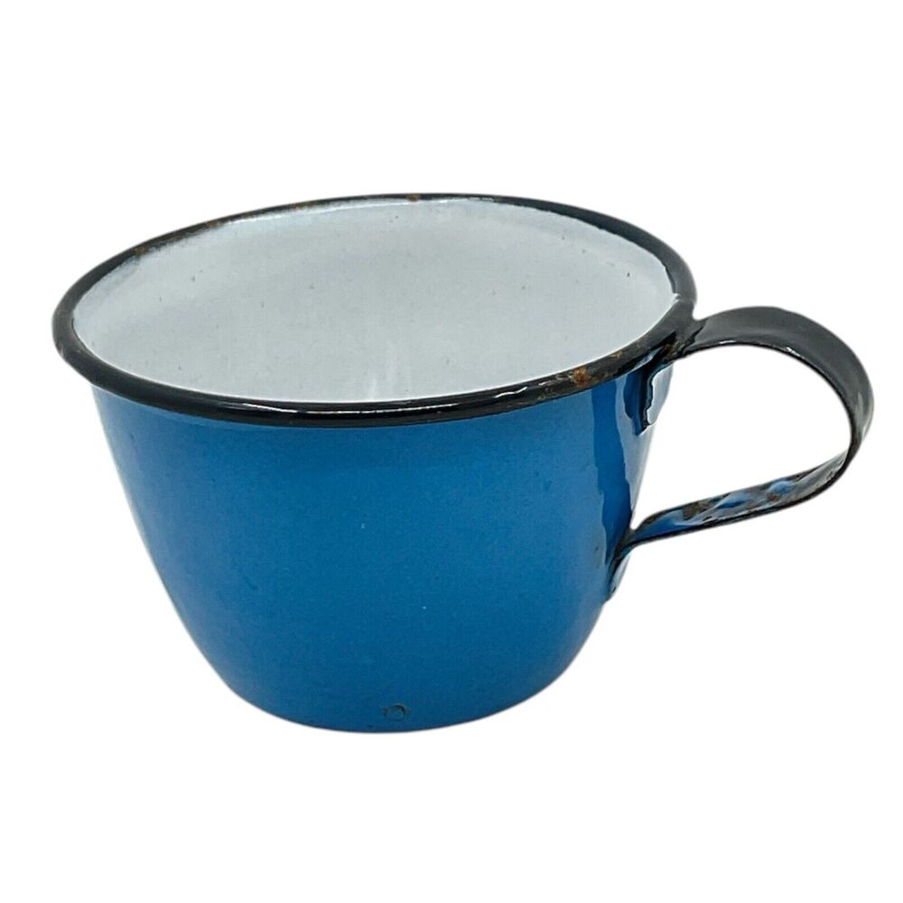 Blue Childs Graniteware Coffee Cup‎ Enamel Cowboy Small Mug Chuckwagon